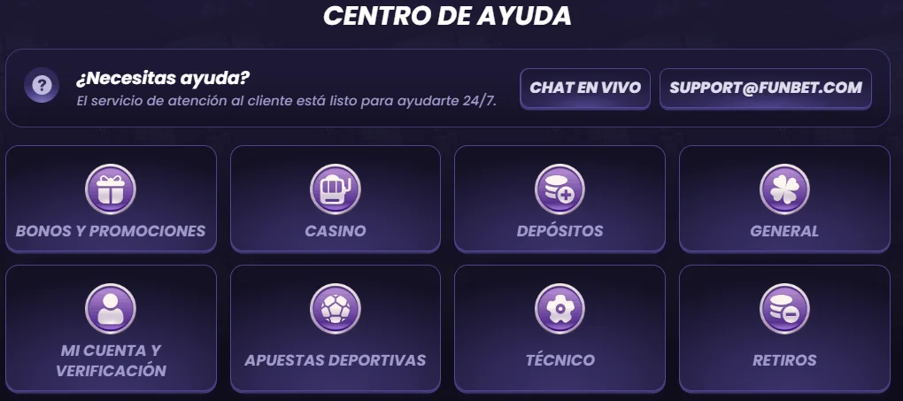 FunBet Casino Centro de Ayuda y Soporte FunBet Casino centro de ayuda con chat en vivo, correo de soporte y categorías de atención