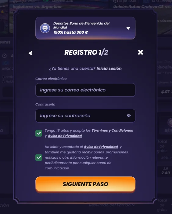 FunBet Casino Registro con Bono Deportivo FunBet Casino formulario de registro con bono deportivo de bienvenida